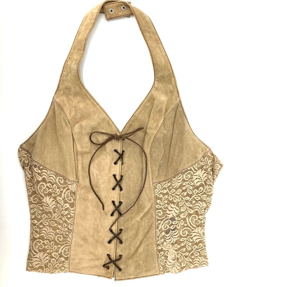 Wilsons Leather Tops - VINTAGE WILSONS LEATHER MAXIMA Lace-Up Front Suede & Lace Halter Crop Top